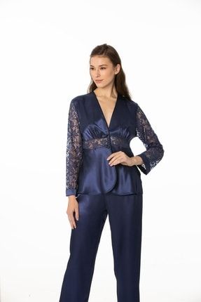 Kadın Saten Dantelli Pijama Takımı -1121 Lacivert crdn1121