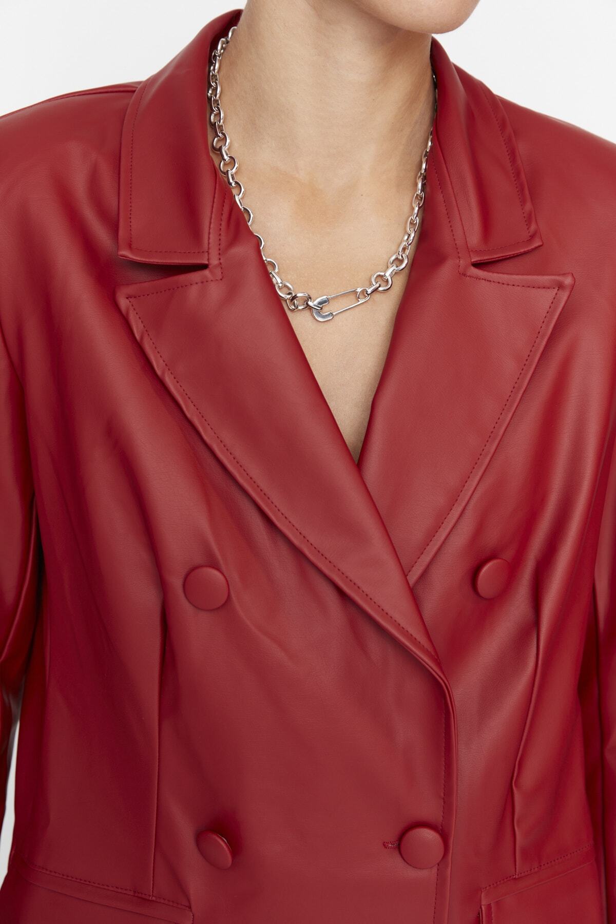 Trendyol Collection-Weinroter, zweireihiger, gefütterter, gewebter Blazer aus Kunstleder mit Verschluss TWOAW21CE0156 4