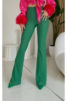 Kadın Yeşil Renk Yüksek Bel Ispanyol Paça Mevsimlik Örme Tayt Pantolon TYC00421074430