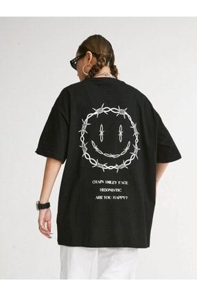 Siyah Gülen Yüz Baskılı Oversize Penye T-shirt GÜLÜCÜK-7
