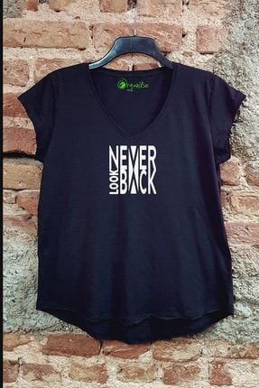 Never Look Back Organik Baskılı Örme Kadın Salaş Siyah T-shirt NeverLookBack88