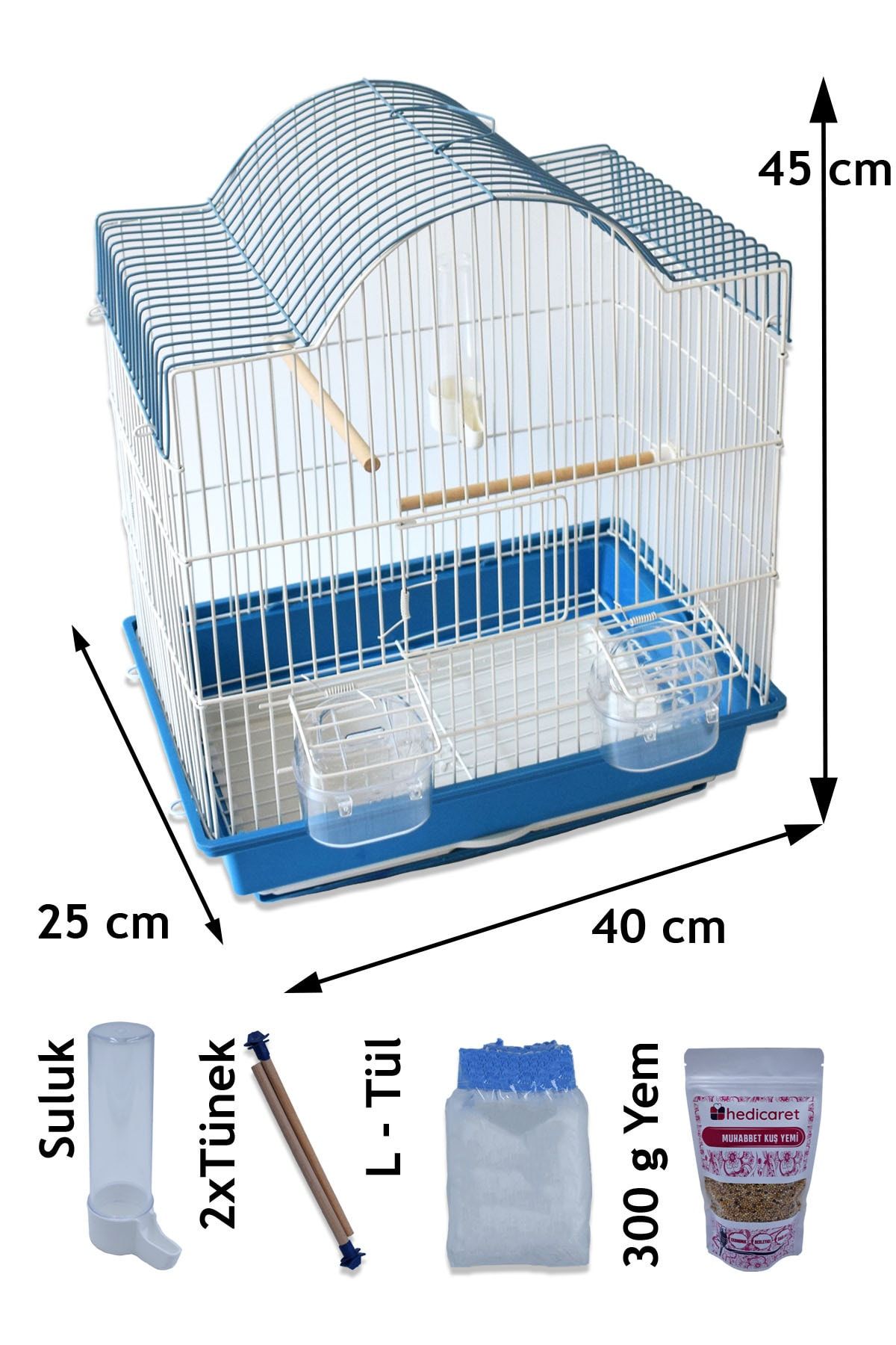 Hedicaret Kuş Kafesi Tonoz Çatı Mavi 45x40x25 Cm Aksesuarlı Set