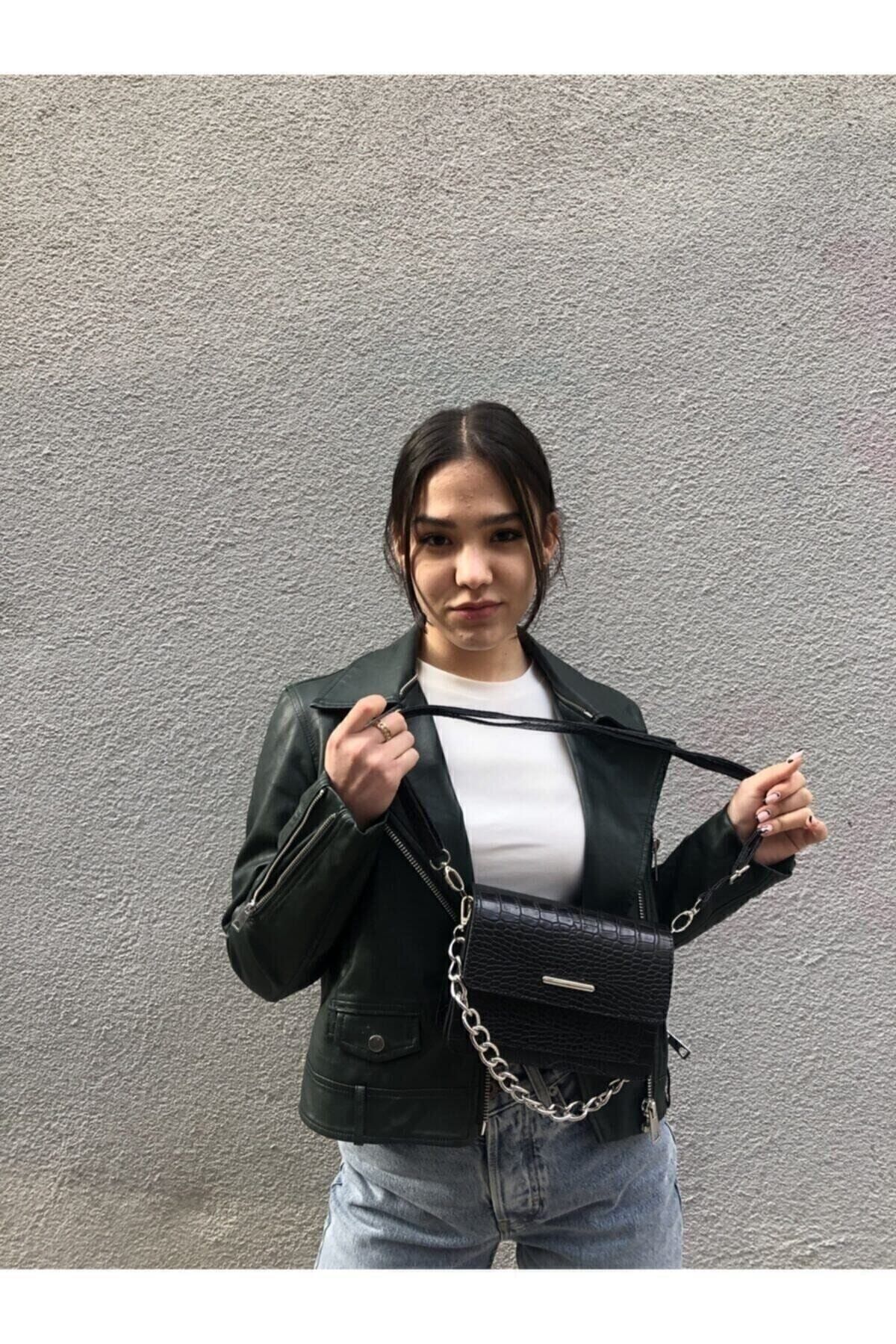 MEİZEN Kadın Siyah Timsah Desenli Clutch Baget Zincir Askılı Çanta