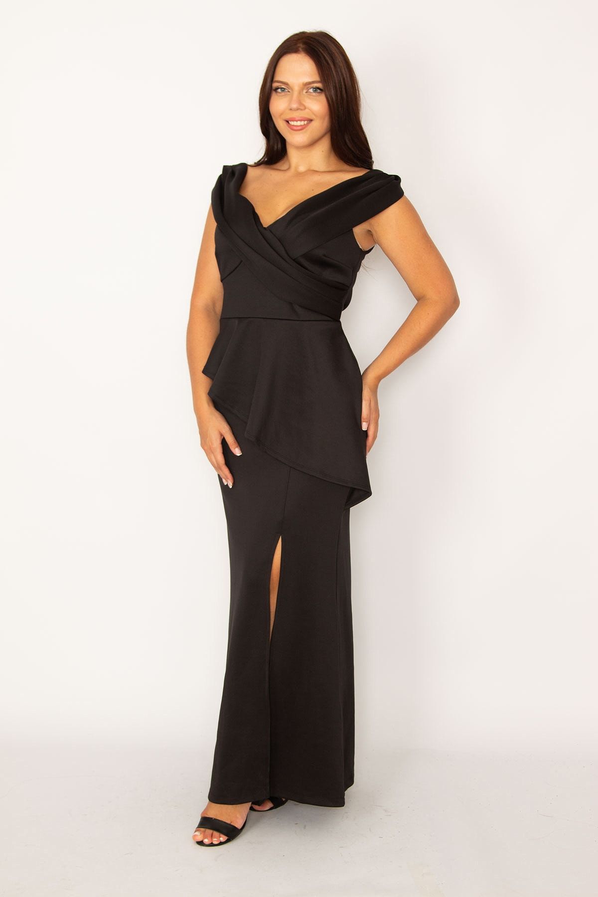 Şans Tekstil-Schwarzes langes Abendkleid mit Volants, Wickelkragen, Taille und Schlitz vorne für Damen 26a34468 2
