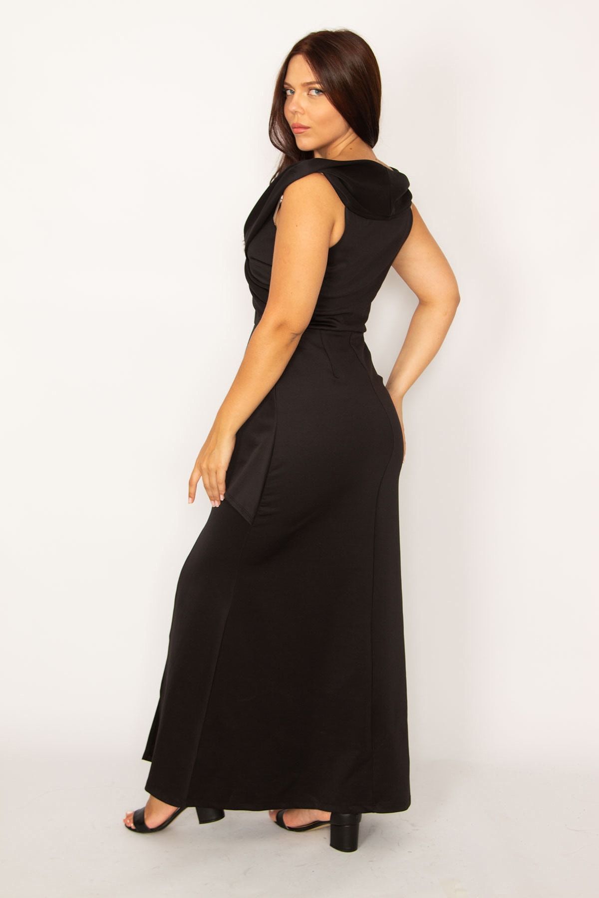 Şans Tekstil-Schwarzes langes Abendkleid mit Volants, Wickelkragen, Taille und Schlitz vorne für Damen 26a34468 4