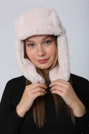 Kadın Bej Çıtçıtlı Kürklü Kulaklıklı Peluş Bere Şapka Bere1127 SPK1127
