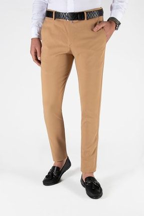 Erkek Bal Rengi Slim Fit Düz Model İtalyan Kesim Keten Pantolon VAVN21K-2200420-4