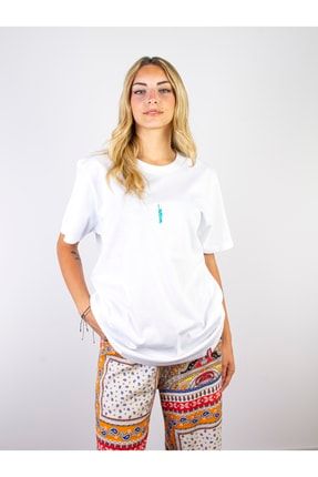 Beyaz Bisiklet Yaka Nakış Işlemeli Unisex Oversize T-shirt %100 Koton (usa) USA1