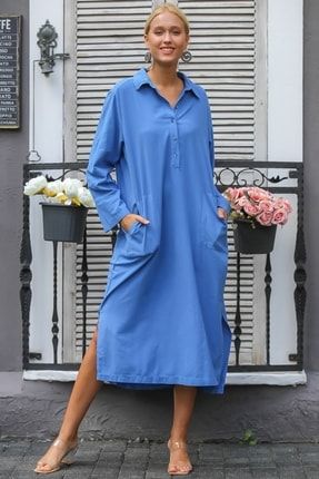 Kadın Mavi Gömlek Yakalı Patı Düğmeli Torba Cepli Oversize Uzun Kol Dokuma Elbise M10160000EL94302