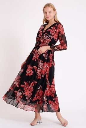 Anvelop Nar Çiçeği Kruvaze Şifon Elbise KMPNY-1001