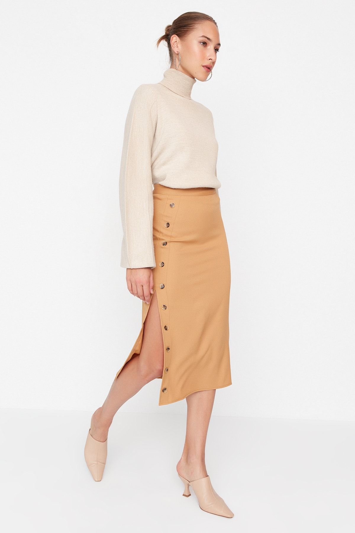 Brown mixed button pencil sale skirt