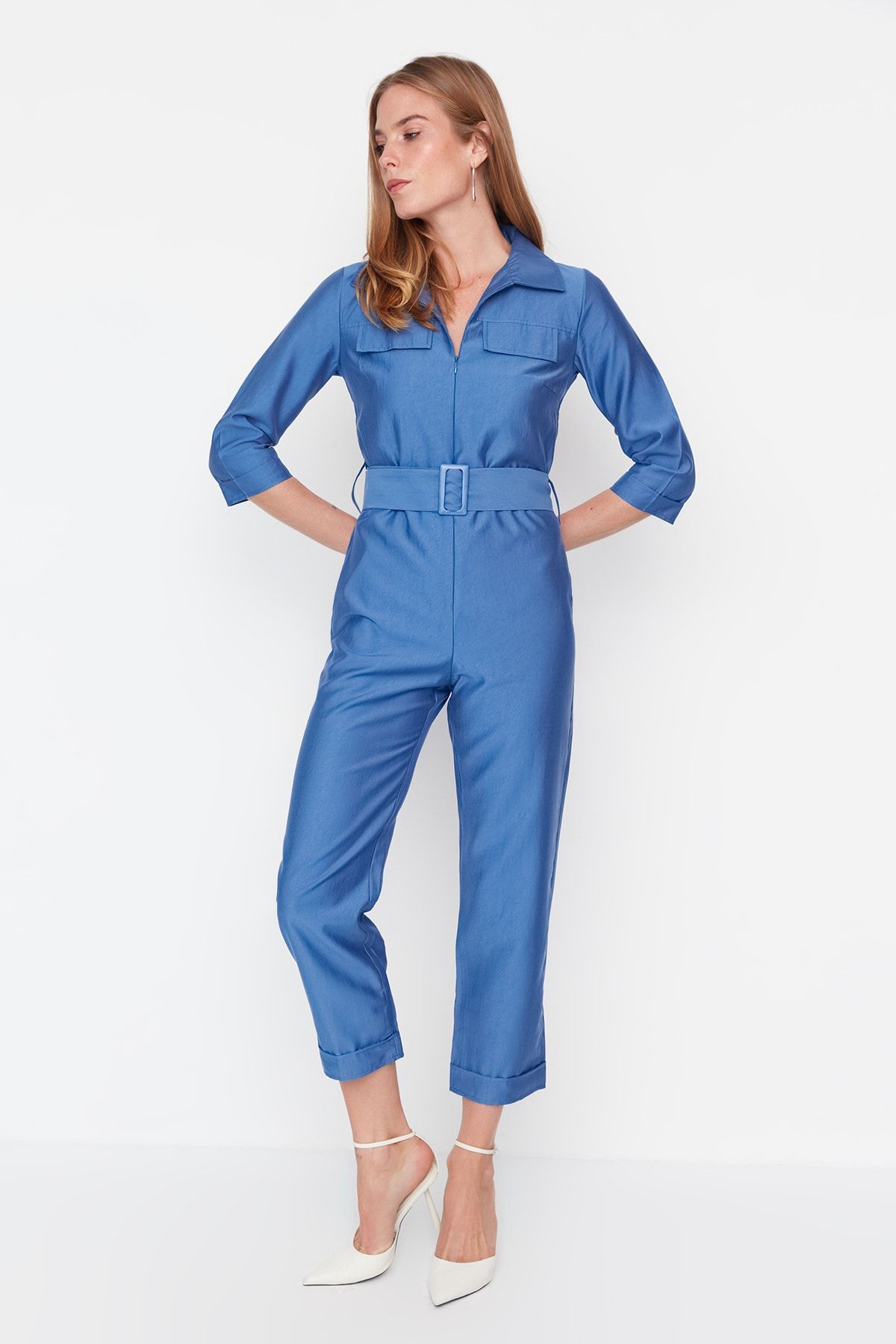 Blue fitted jumpsuit outlet