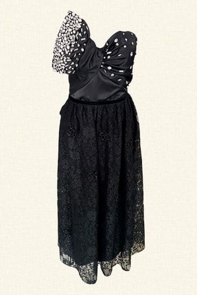 Kadın Siyah Kristal Taş Işlemeli Fiyonk Detaylı Dantel Elbise KTİFDSDE