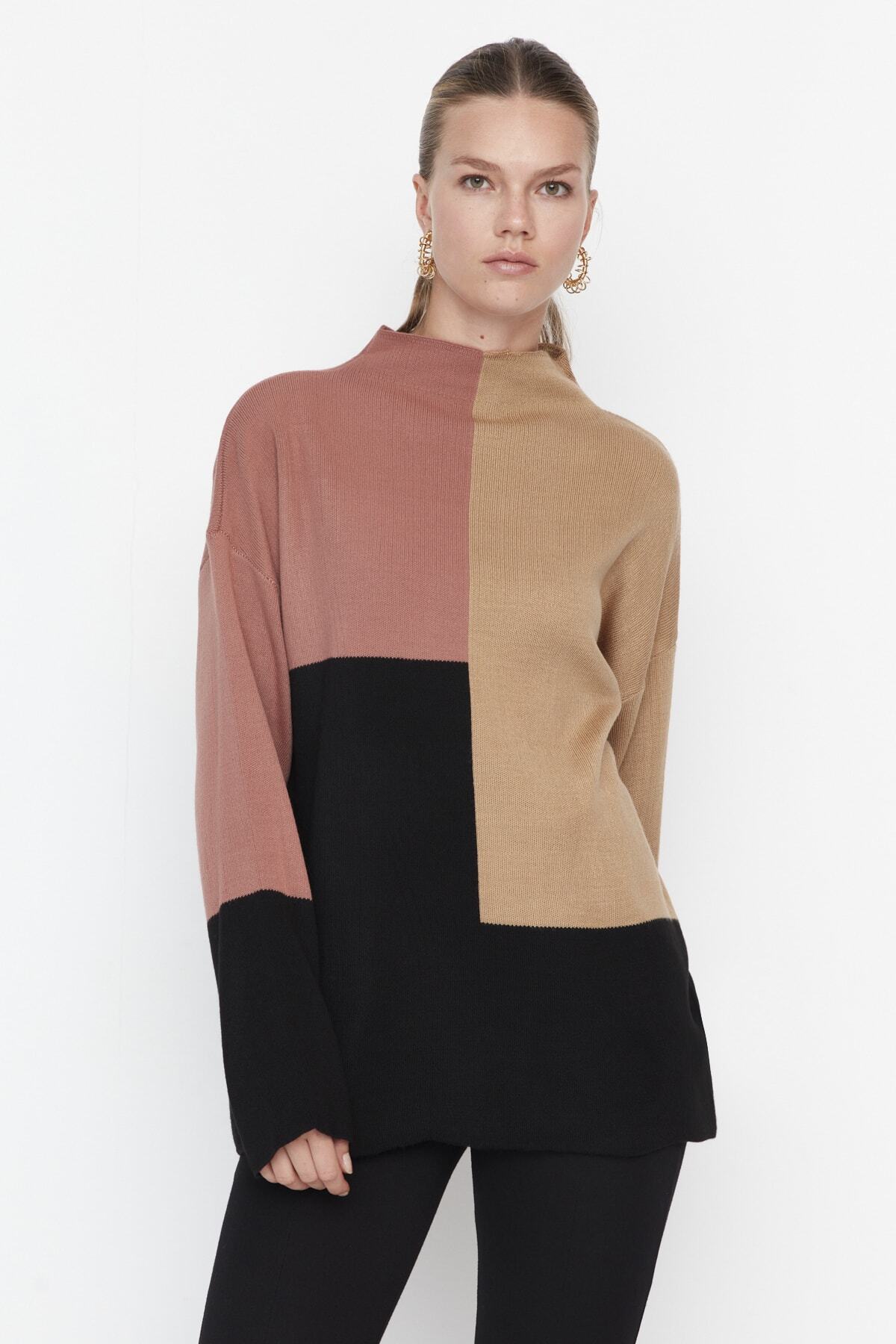 Trendyol Modest-Светло кафяв трикотажен пуловер с яка и стойка TCTAW22AK0054 2