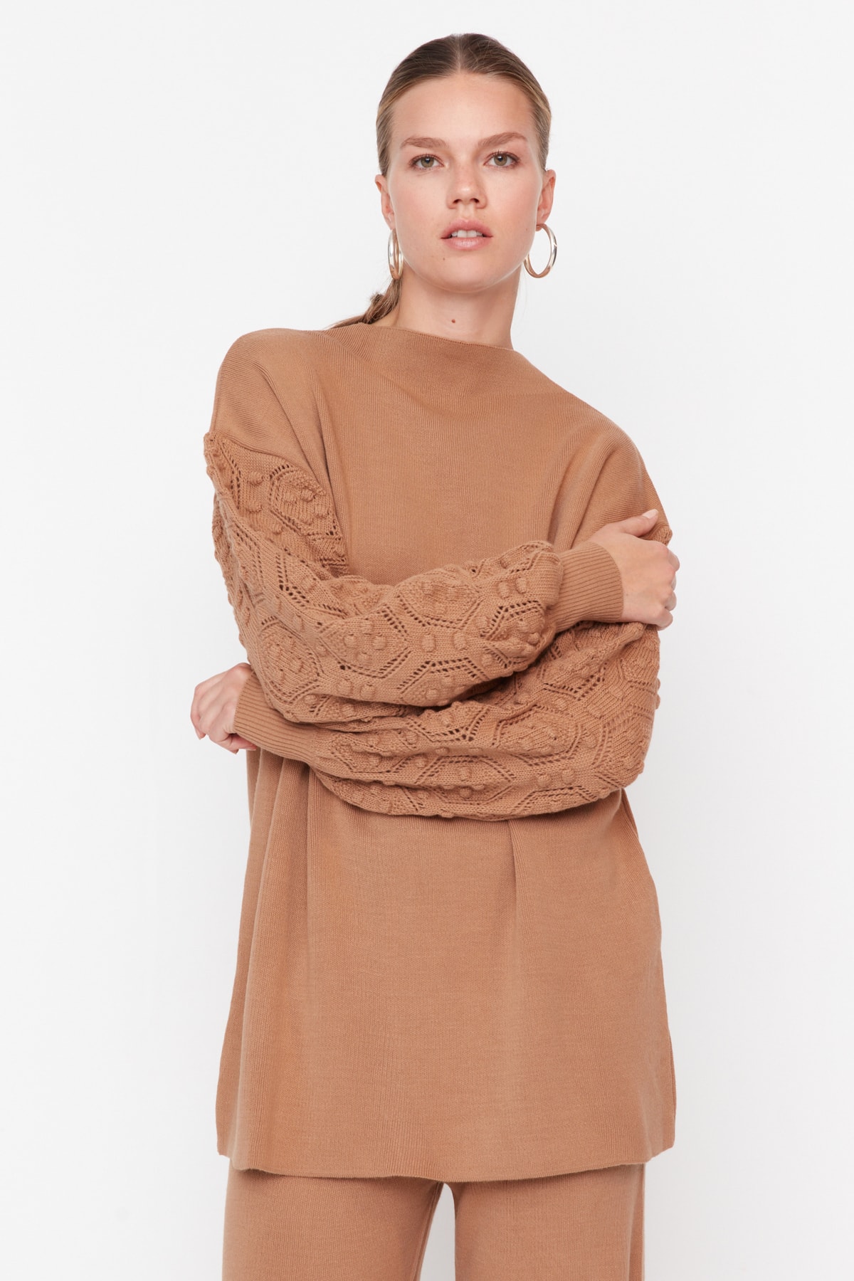 Trendyol Modest Beżowy ażurowy dzianinowy sweterek-spodnie Komplet dzianin z rękawami TCTAW23US00087