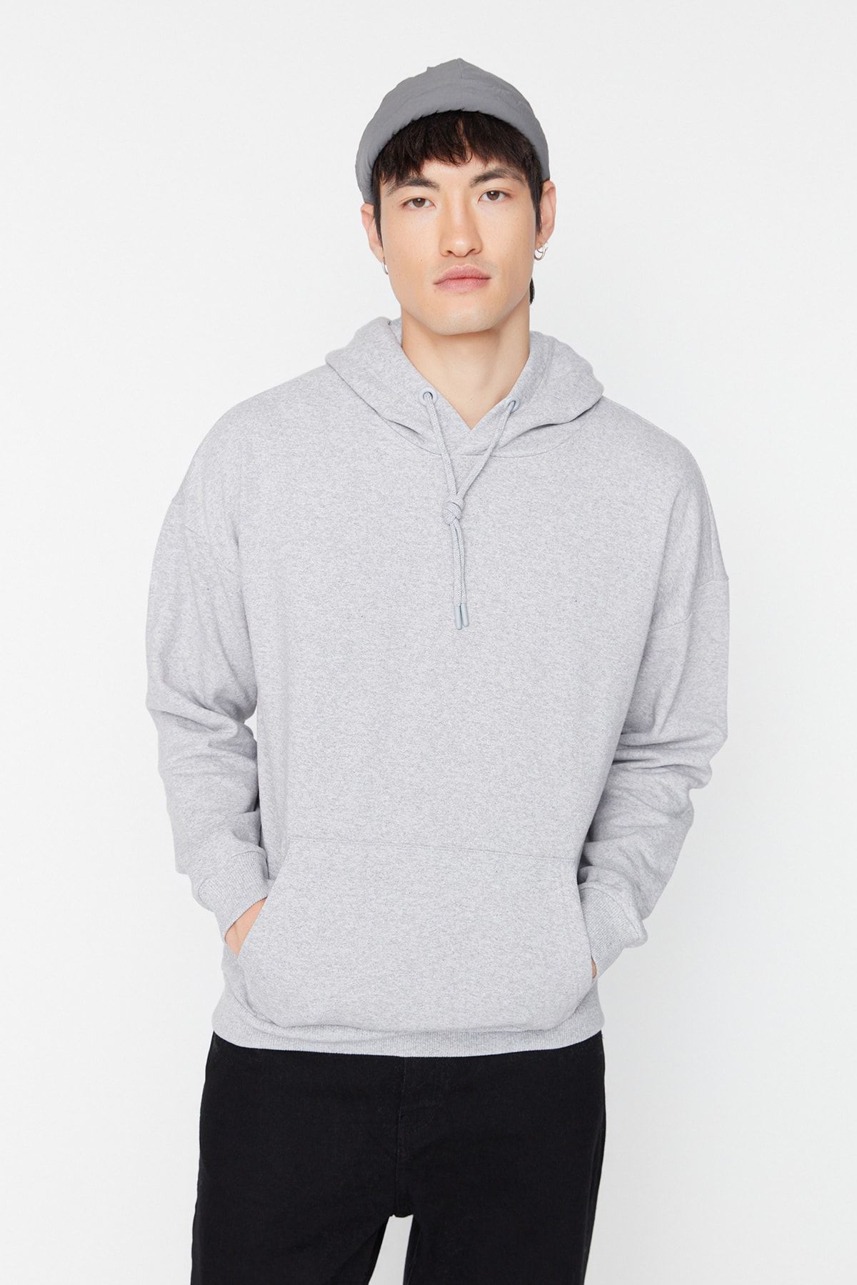 Trendyol Collection Szara Melanżowa Bluza Polarowa Z Kapturem Oversize - Tmnaw23sw00195 Mężczyzna - S