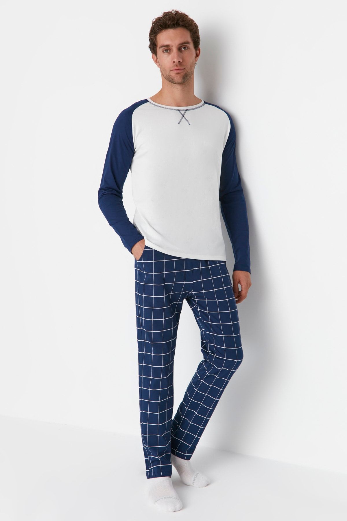 Trendyol Collection-Σετ πιτζάμες Navy Blue 100% βαμβακερό καρό πλεκτό 100% βαμβάκι THMAW21PT0879 4