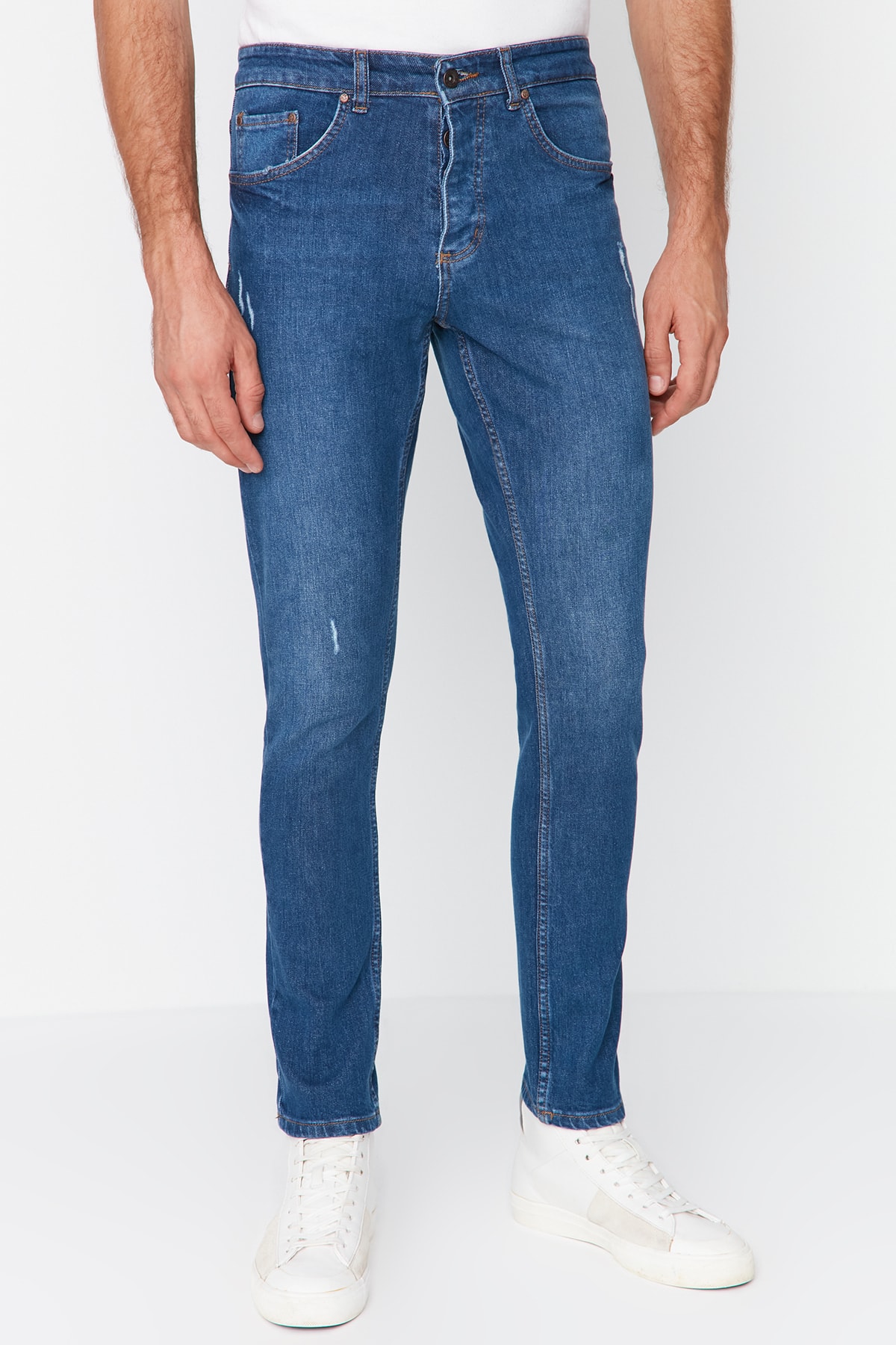 TRENDYOL MAN Lacivert Erkek Super Skinny Fit Tırmık Destroylu Jeans Kot