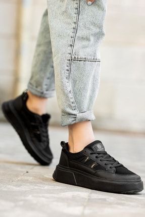 Kadın Deri Siyah Kalın Rahat Taban Nefes Alabilen Şık Tasarım Günlük Sneaker Spor Ayakkabı DS151