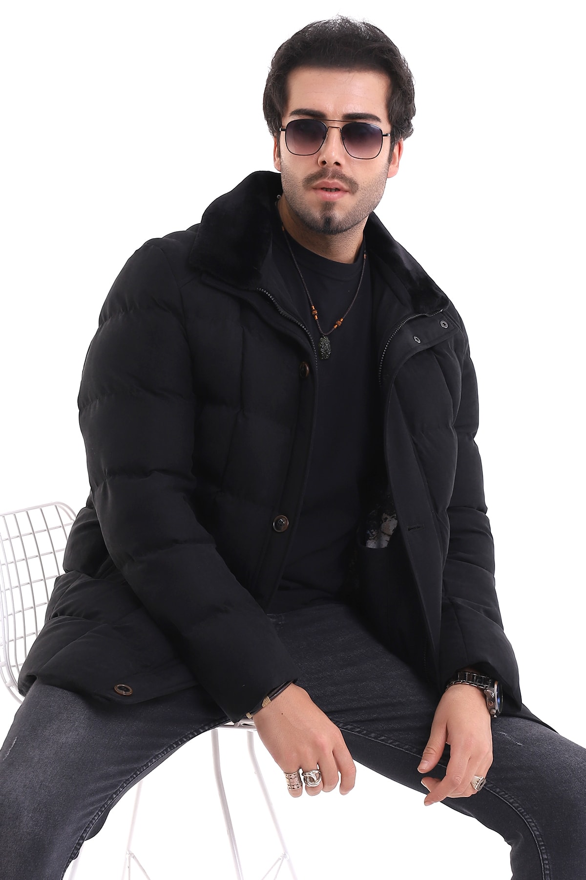 بای کاراسالان کاپشن ضخیم زمستانی مردانه، کاپشن پفی مشکی خاکی، یقه خزدار، لباس ورزشی