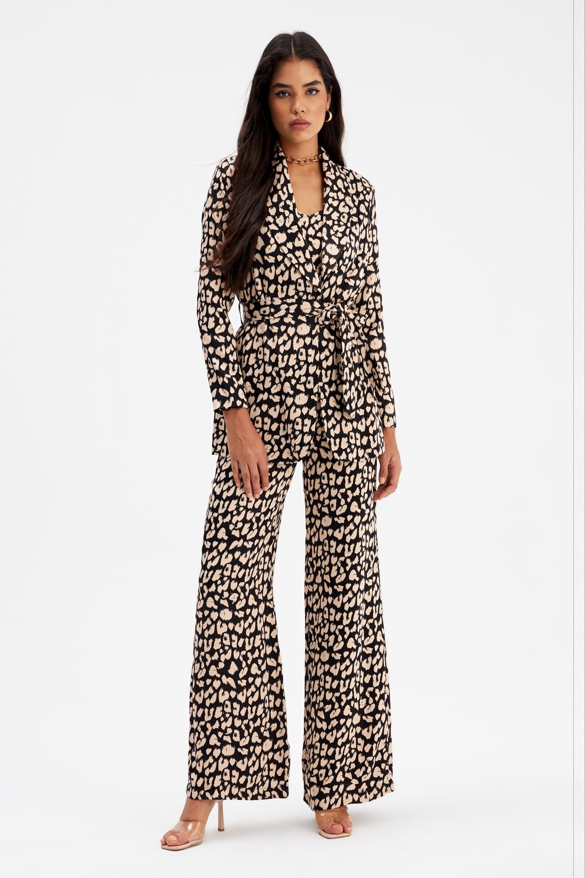 Sateen Leopar Desenli Saten Pantolon - Siyah IR7248