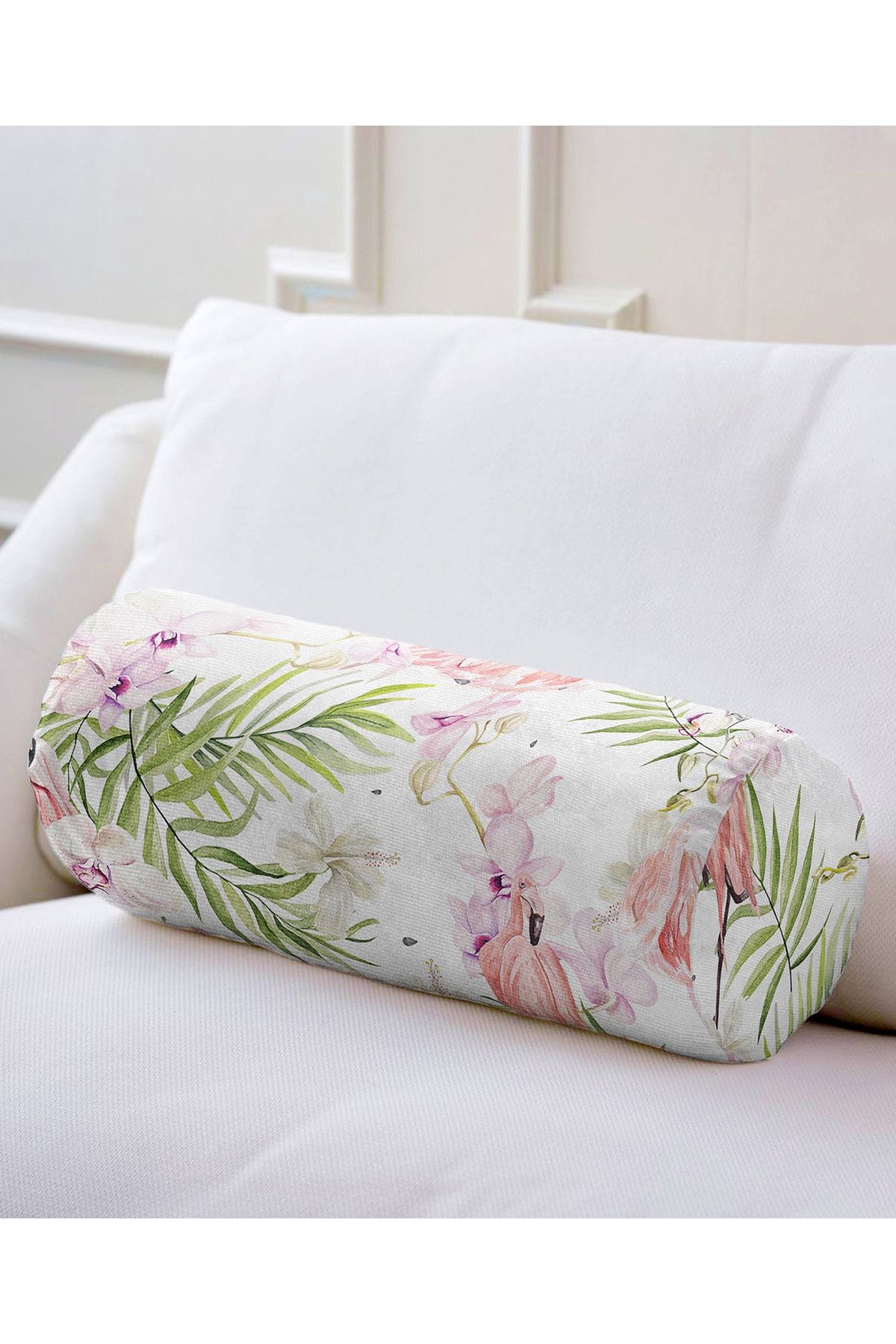 Realhomes Interior Modern Căptușit Cu Flori Și Motiv Flamingo Pe Podea Albă - Fotoliu Cu Fermoar Pernă Cilindru Pernă - 60 x 20