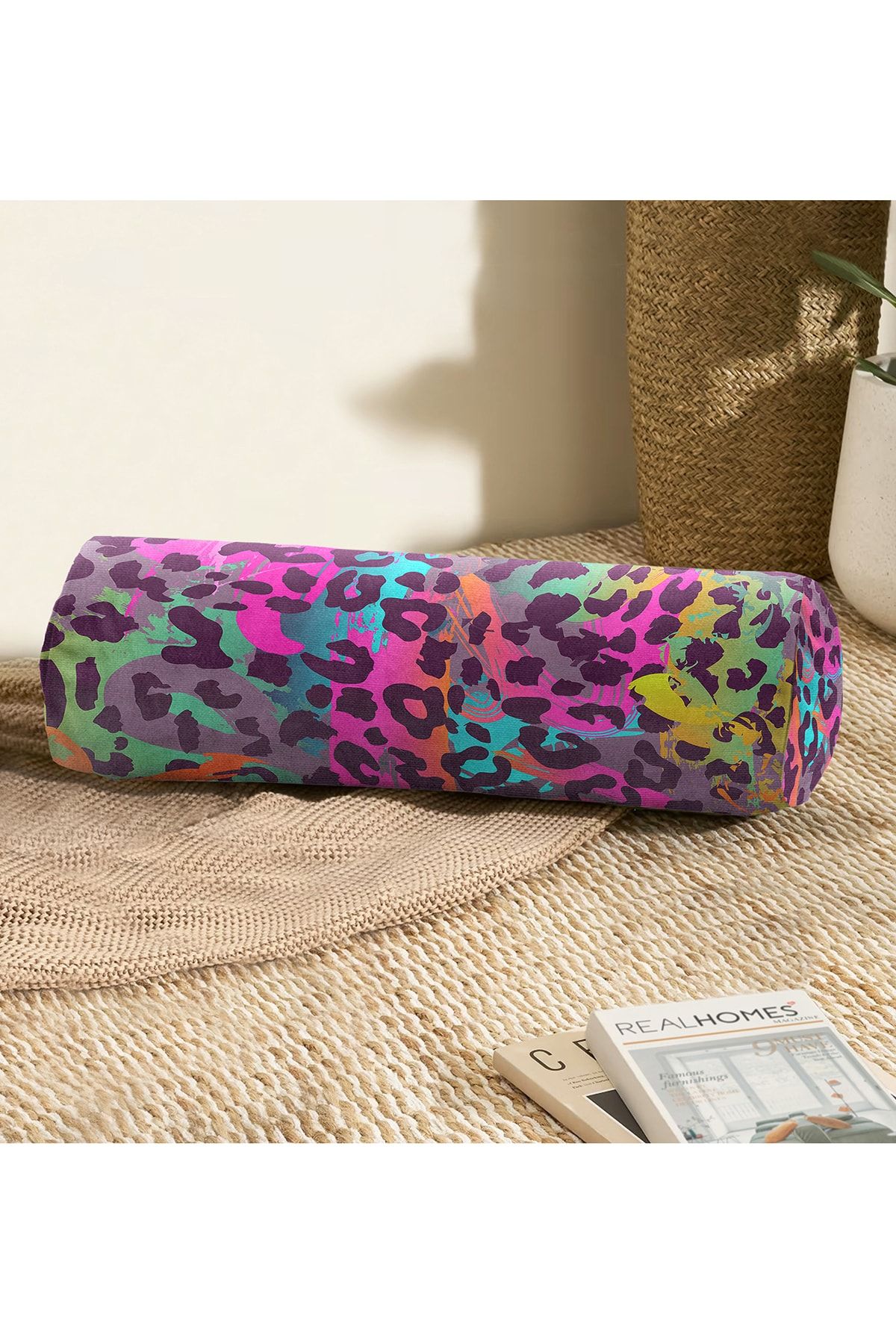 Realhomes Leopard Colorat Cu Model Digital Imprimat Modern Umplut Interior Cu Fermoar Din Piele Întoarsă Cilindru Cerc Perna Perna - 60 x 20