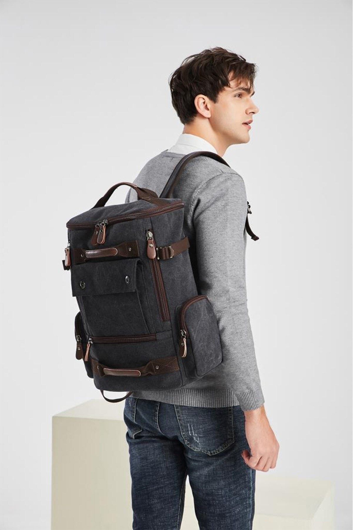 C-Active 1258 Büyük Boy Erkek Sırt Çantası Kanvas Kumaş - Siyah