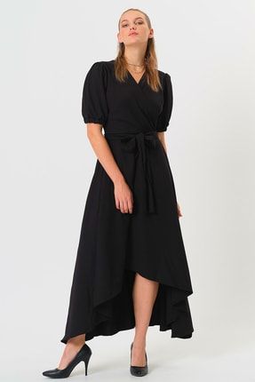 Kruvaze Asimetrik Kesim Elbise Siyah Ad1007