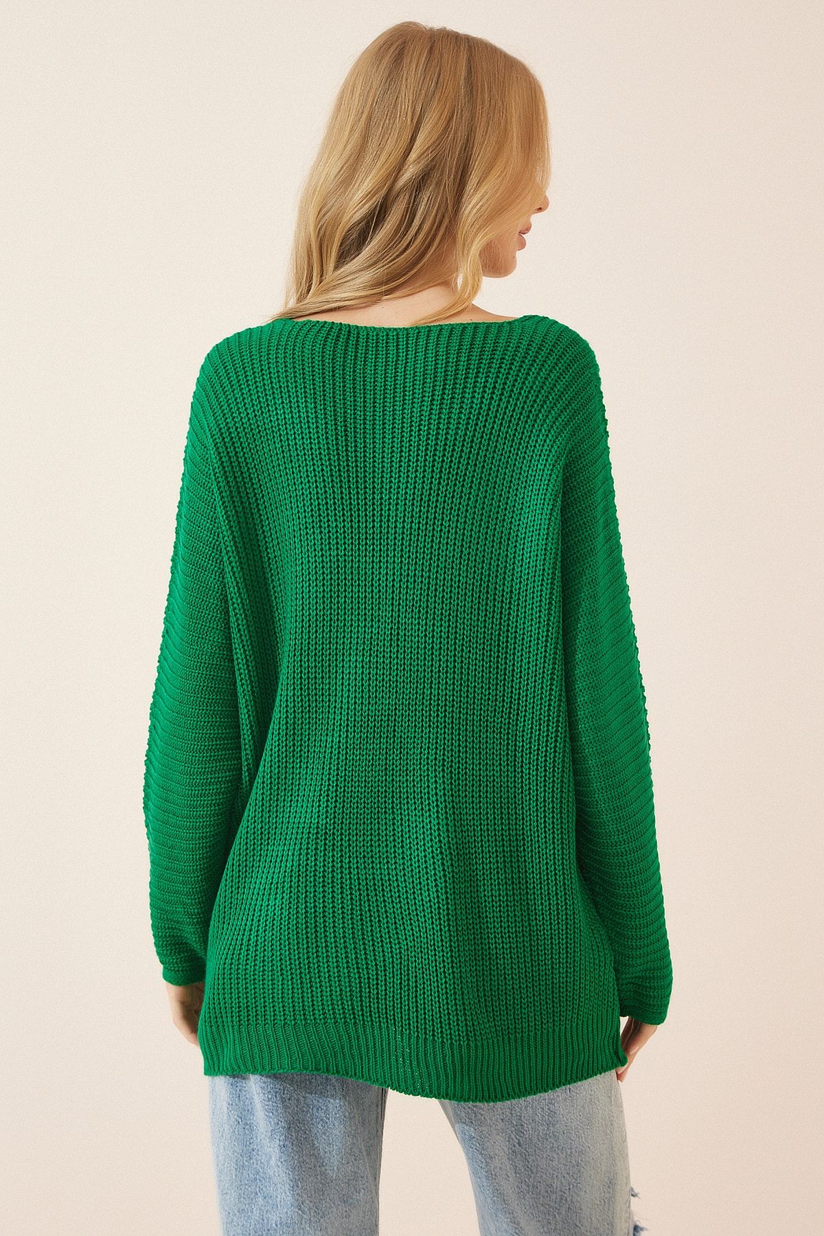 Happiness İstanbul-Damski sweter z dzianiny oversize, zielony, z dekoltem w szpic, z dekoltem w szpic, ZA00059 4