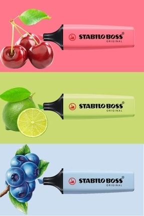 Yeni Pastel Renkler 3'lü Set Işaretleme Kalemi Stabilo Boss (Lime-Azure-Cherry)