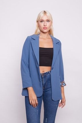 Yakalı Cepli Uzun Kol Kolu Isterse Katlanabilen Pamuklu Kumaş Blazer Ofis Ceket-dirty Blue 37000