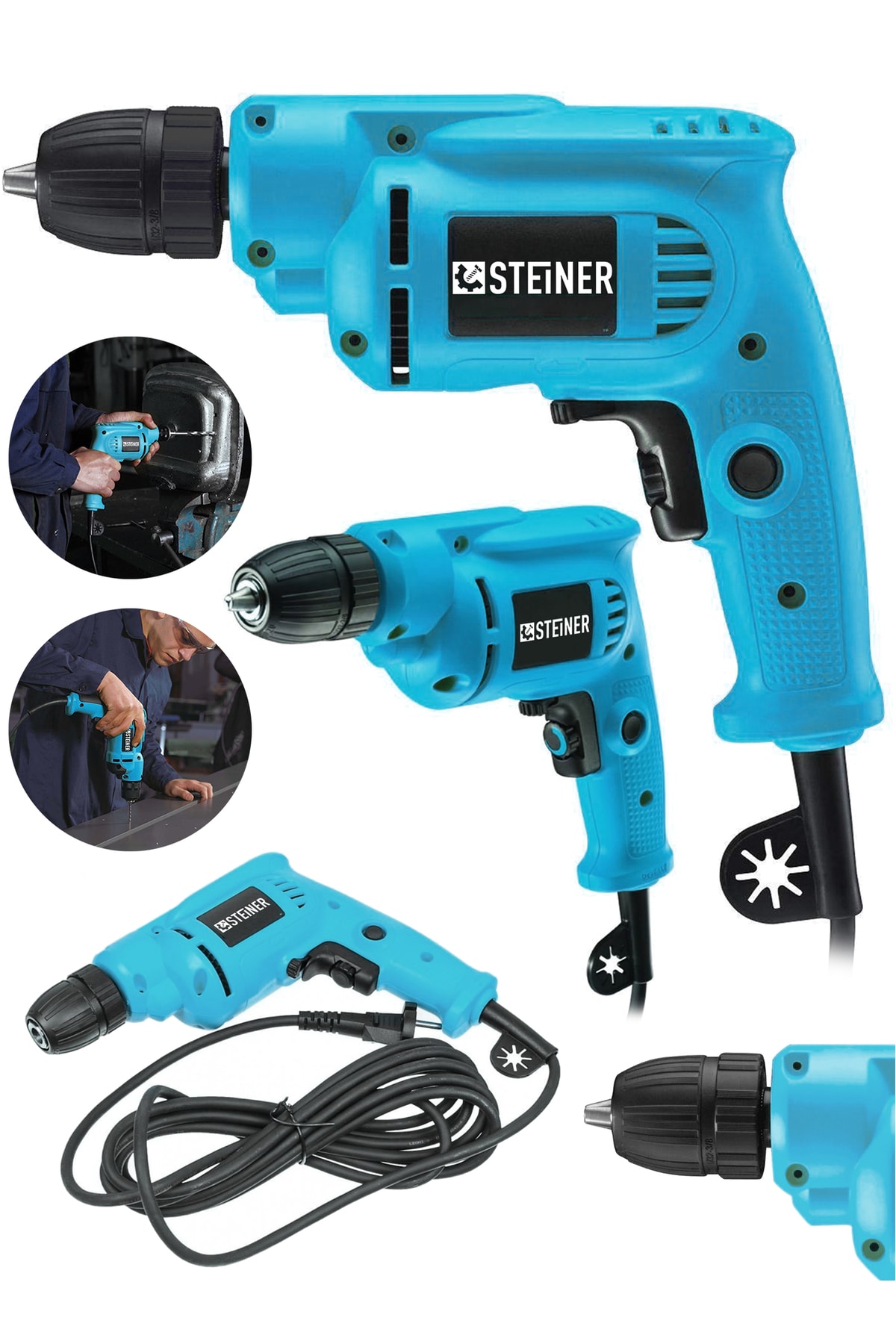 STEİNER Alman 1400 Watt 10 Mm Professional Bakır Sargılı Kablolu Darbesiz Vidalama Matkap Mavi