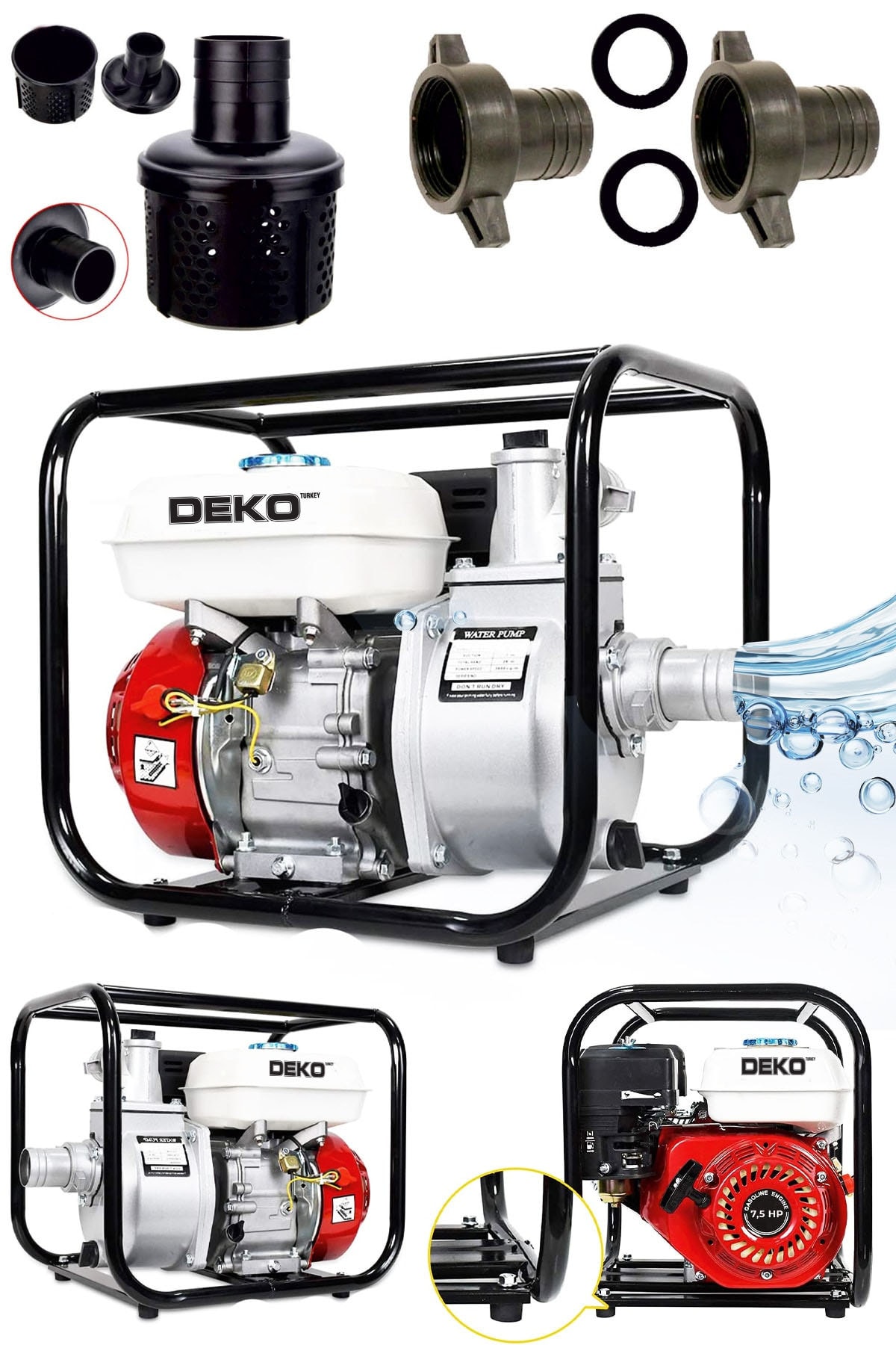 DEKO Turkey Dkt201p 50 mm 2 Parmak Metal Çift Çarklı Benzinli Su Pompası Motopump 7.5hp Güçlü Motor 7mt Emiş