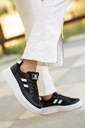Kadın Deri Siyah Beyaz Kalın Rahat Taban Comfort Şık Tasarım Günlük Sneaker Spor Ayakkabı DS151