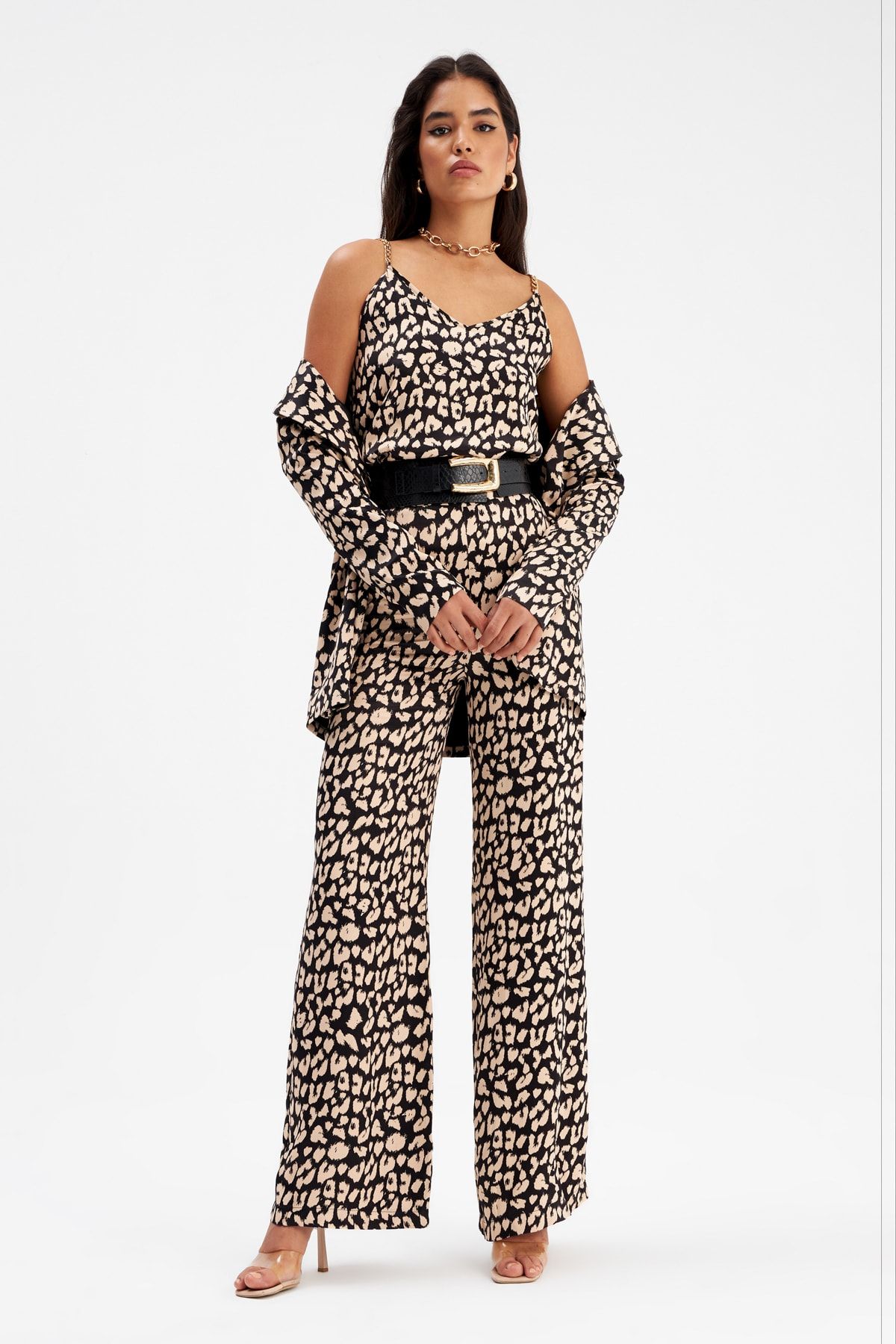 Sateen Leopar Desenli Saten Pantolon - Siyah IR7248
