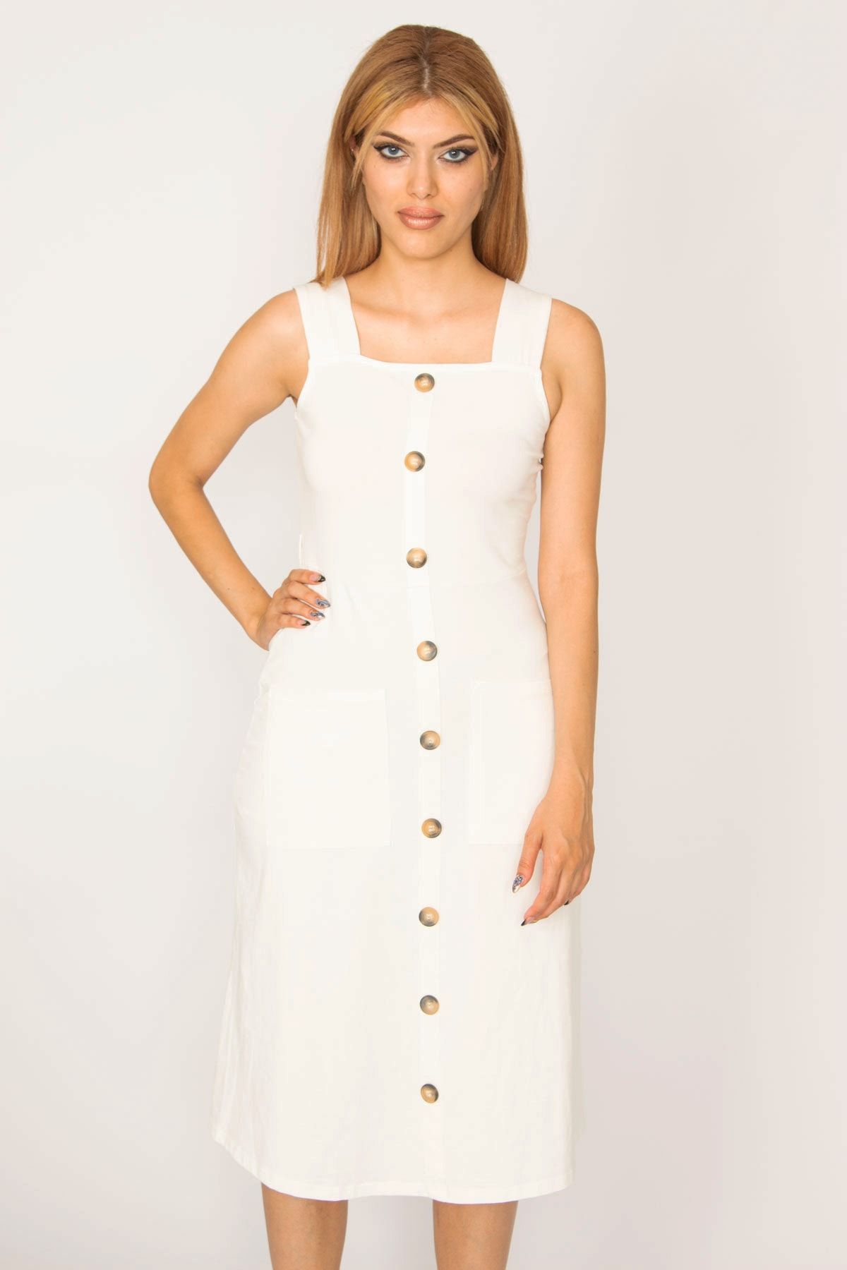ans Tekstil Women s Bone Ornament Buttoned Pocket Strappy Dress
