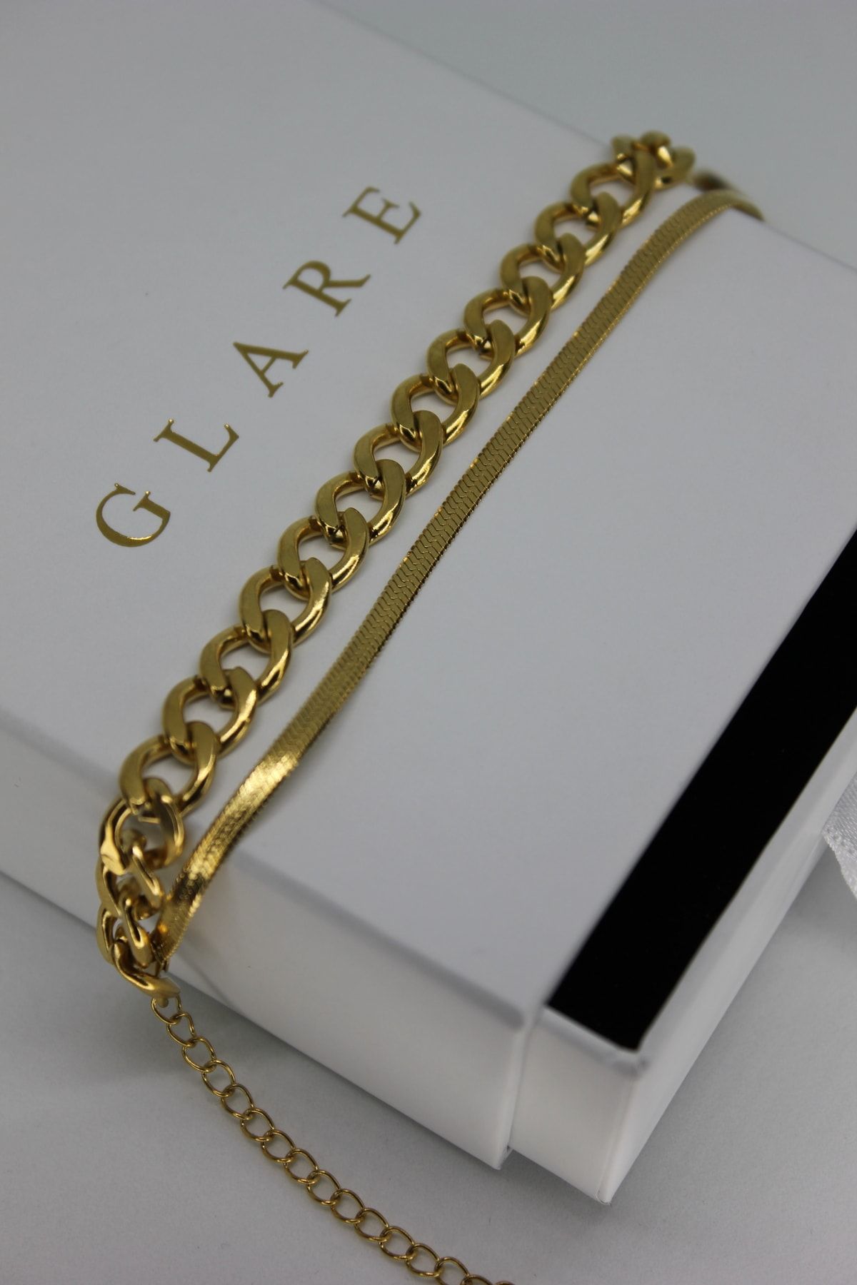 GLARE JEWELRY Italyan Zincir Model Çift Zincir Çelik Gold Bileklik
