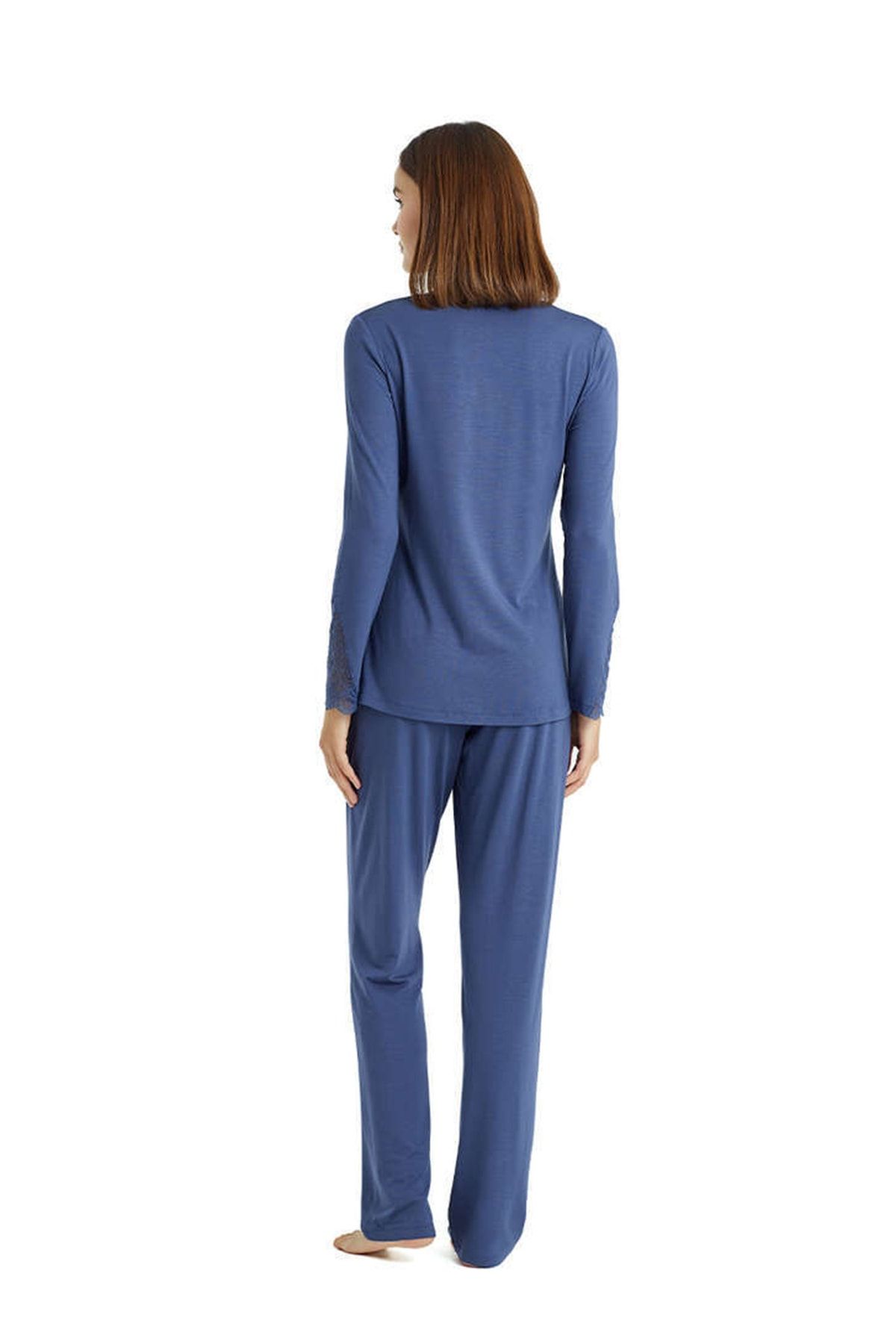 Yuvarlak Yaka Düz Indigo Kadın Pijama Takımı 50830