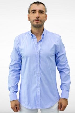 Erkek Mavi Armür Dersen Düğmeli Yaka Slim Fit Uzun Kollu Gömlek 202207-15