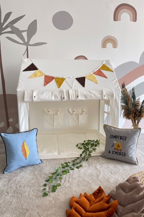 Miniden Çocuk Oyun Evi Krem Kamp Konsepti Oyun Çadırı Oyun Alanı Yastık Takımı