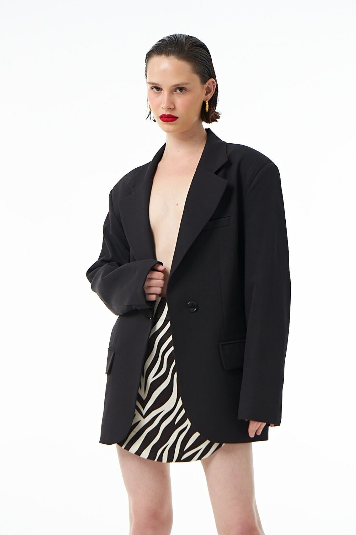 Liora Kadın Siyah Tek Düğmeli Şal Yaka Palazzo Oversize Blazer Ceket