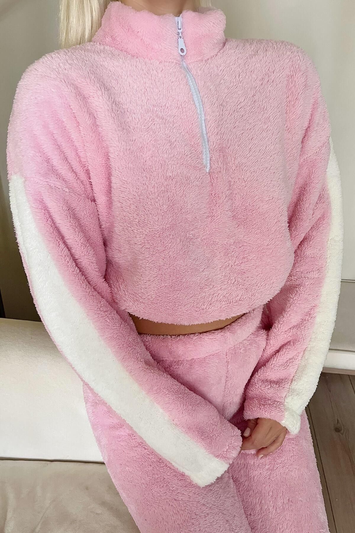 Pijamaevi Light Pink Heart Patterned Front Buttoned Plush Fleece