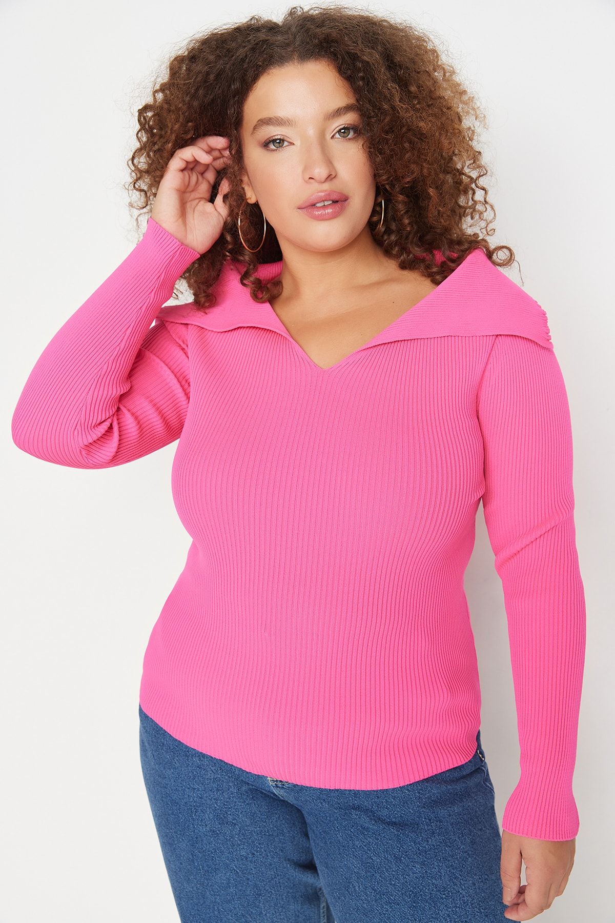 Trendyol Curve Fuşya Kayık Yaka İnce Triko Bluz TBBAW23AN00126