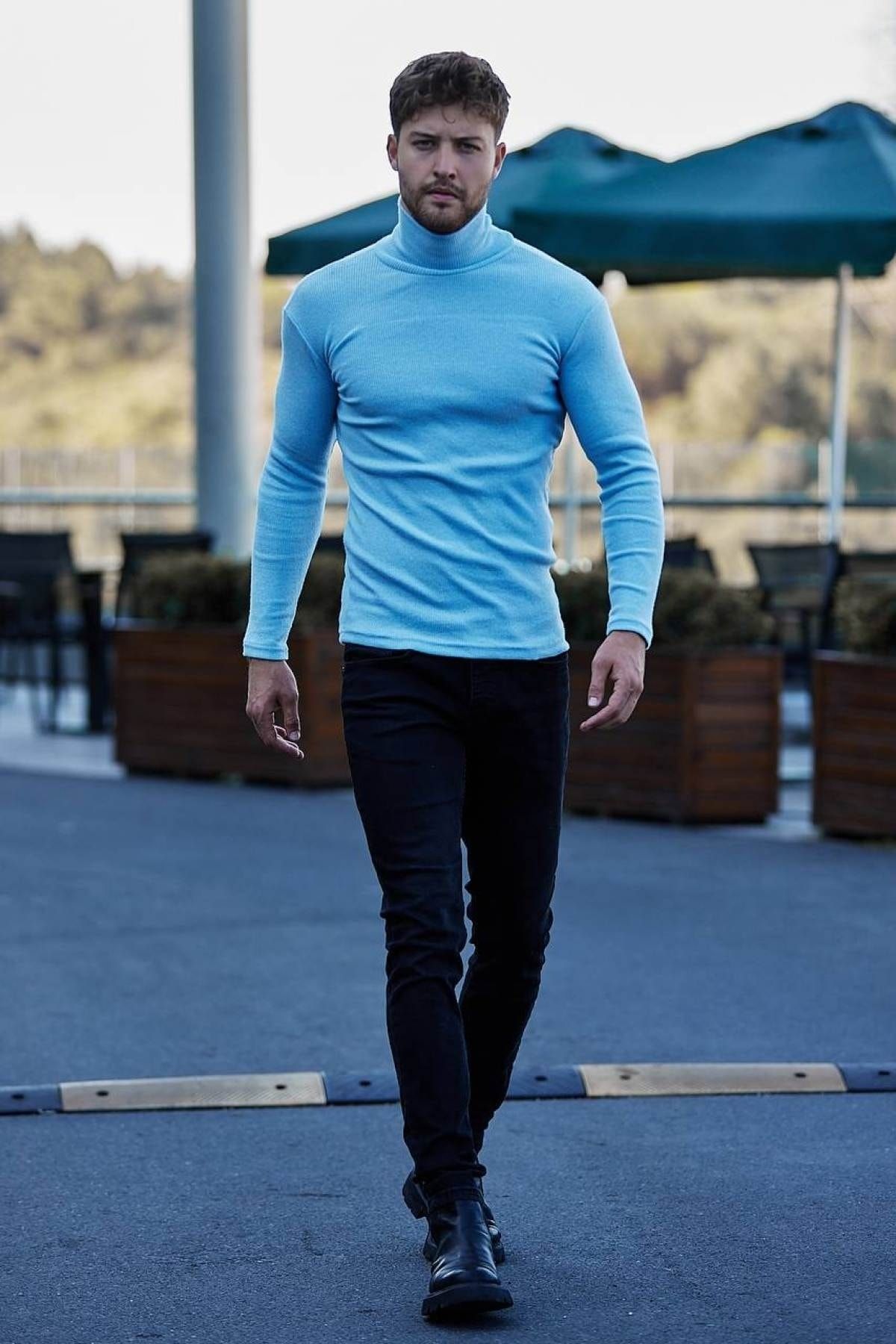 Blue turtleneck outfit top