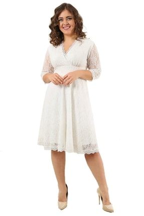 Kadın Beyaz Likralı Dantelli Kısa Elbise KL70088 T102089