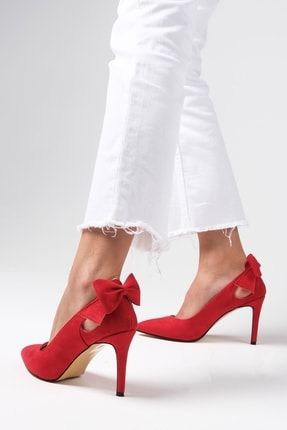Eliza Kırmızı Renk Süet Fiyonklu Kadın Topuklu Ayakkabı 02169RES