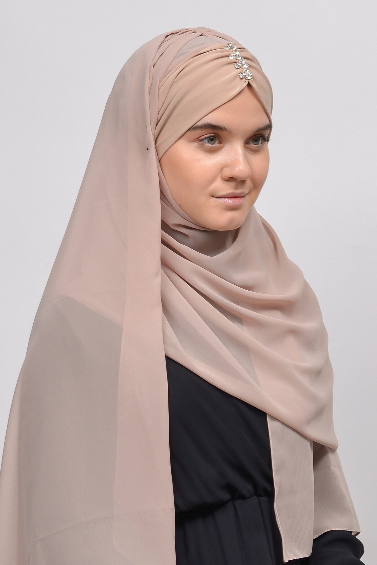 Altobeh-Elegant Jewelled Draped Ready Practical Chiffon Hijab Shawl - Light Latte 4