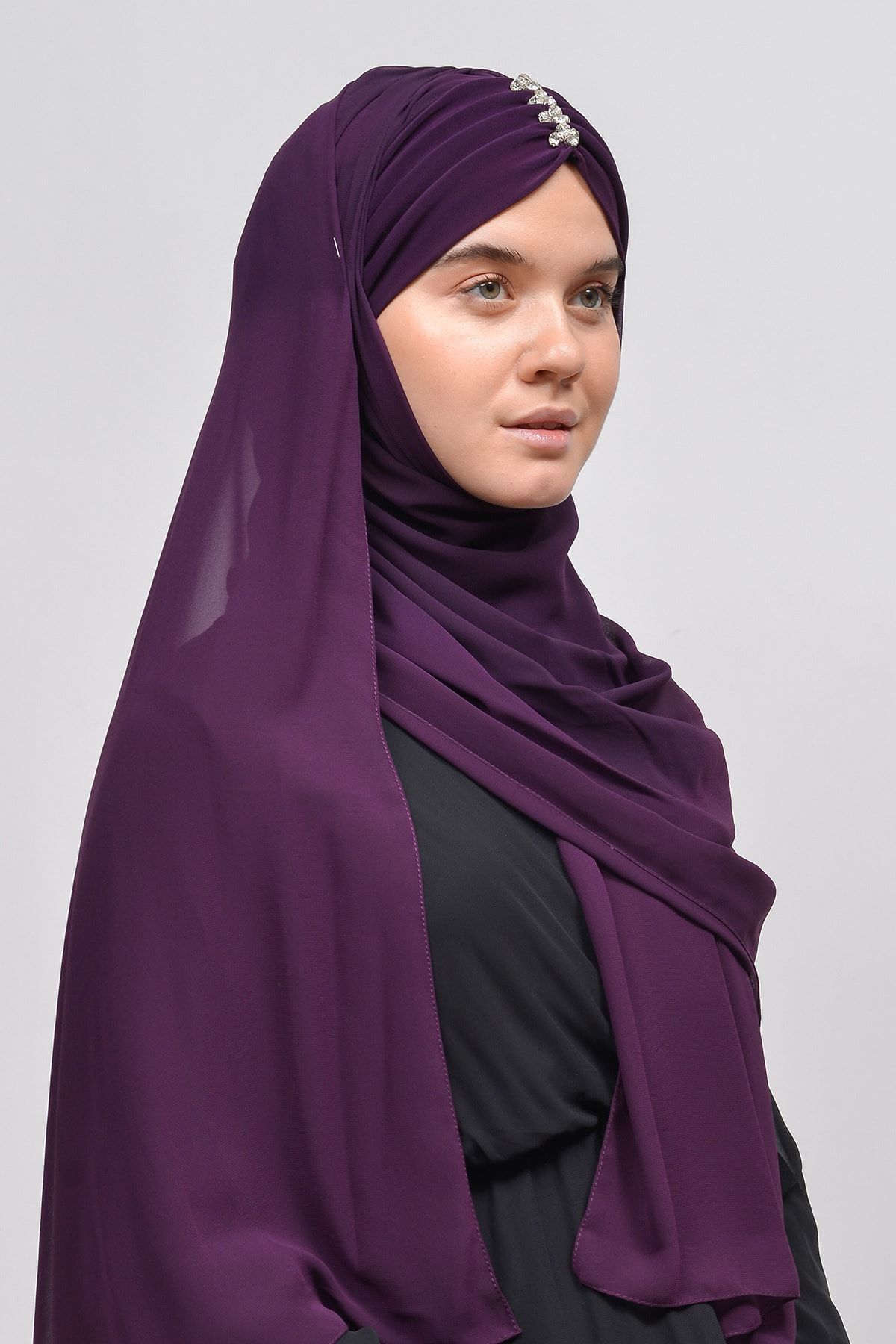 Altobeh-Elegant Jewelled Draped Ready Practical Chiffon Hijab Shawl - Dark Plum 2