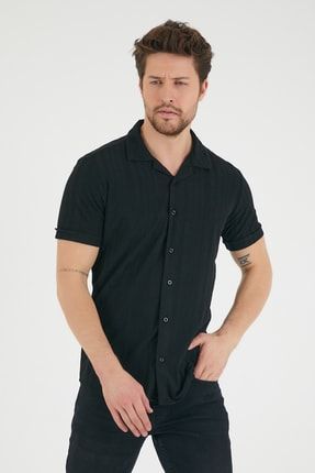Erkek Siyah Slim Fit Yazlık Kısa Kol Apaş Yaka Pamuklu Kumaş Gömlek MERO-305